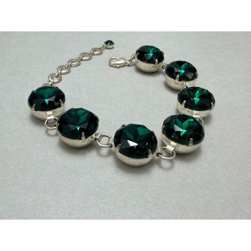 Emerald Green Crystal Rivière Bracelet Silver Tone Adjustable Sz 8